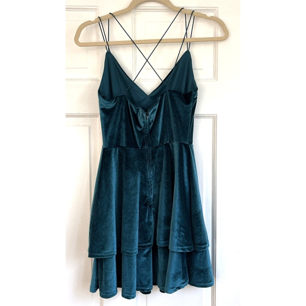 Altar'd State Quincee Velvet Mini Dress Jade Green Tiered Strappy Back Small NWT